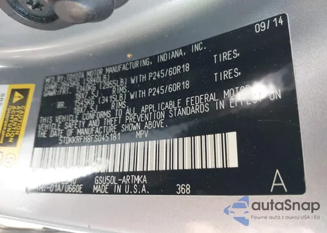 2015 Toyota Highlander Xle z USA, uszkodzony, nr VIN 5TDKKRFH8FS045181